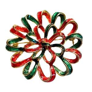 Vintage 80's Christmas Brooch Gold Red & Green enamel festive holiday bow pin